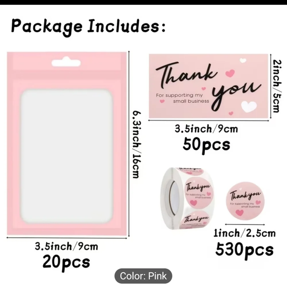 Thank You Cards & Envelopes, Roll Of Stickers & Small Resealable Bags.